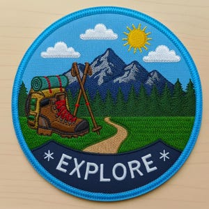 May include: Embroidered patch with a blue border featuring a mountain scene. The design includes a hiking boot, backpack, trekking poles, a path, and the word "EXPLORE". The sky is blue with white clouds and a yellow sun.