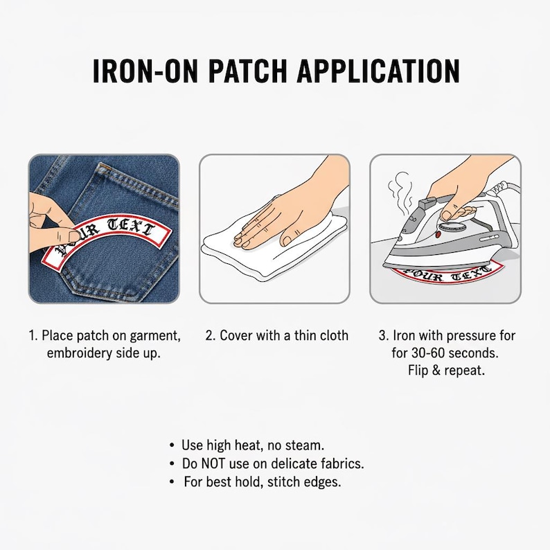 May include: An instructional graphic titled IRON-ON PATCH APPLICATION showing three steps: placing a curved patch on denim, covering it with a cloth, and ironing it. Text includes: 1. Place patch on garment, embroidery side up. 2. Cover with a thin cloth. 3. Iron with pressure for 30-60 seconds. Flip & repeat. Use high heat, no steam. Do NOT use on delicate fabrics. For best hold, stitch edges.