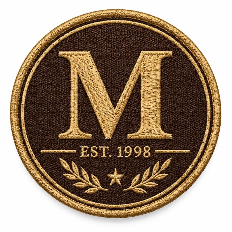 Op de afbeelding: Een ronde geborduurde patch met een donkerbruine achtergrond en een gouden rand. Een grote gouden letter M staat in het midden bovenaan, met de tekst EST. 1998 eronder, geflankeerd door twee horizontale lijnen, een kleine ster en lauriertakken.