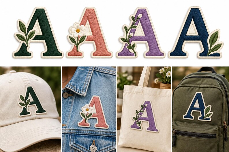 Op de afbeelding: Vier geborduurde patches in de vorm van de letter A in donkergroen, oudroze, paars en marineblauw, elk met botanische accenten zoals bladeren of een witte bloem. De patches zijn afgebeeld op een beige baseballpet, een spijkerjas, een draagtas en een rugzak.