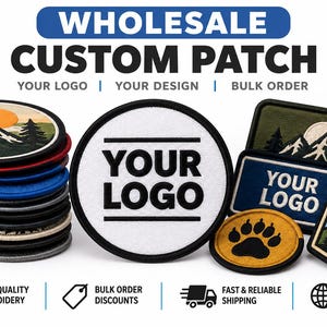 May include: A collection of embroidered patches in various shapes and designs, including circular, rectangular, and hexagonal styles. The patches feature mountain landscapes, a paw print, and a central white patch with the text YOUR LOGO.