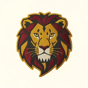 May include: Embroidered lion patch featuring a detailed design. The lion's head is primarily gold, with a red and black mane. The patch has a white background and is suitable for jackets, bags, or other fabric items.