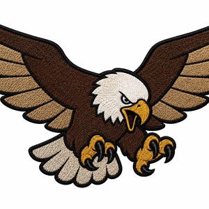 May include: An embroidered patch featuring a bald eagle in flight with wings spread wide. The eagle has a white head, dark brown body, tan wing feathers, a yellow beak, and yellow talons with sharp black claws, all outlined in black thread.