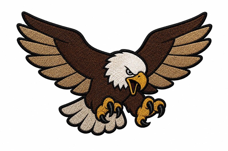 May include: An embroidered patch featuring a bald eagle in flight with wings spread wide. The eagle has a white head, dark brown body, tan wing feathers, a yellow beak, and yellow talons with sharp black claws, all outlined in black thread.