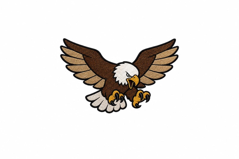 May include: An embroidered patch featuring a bald eagle in flight with wings spread wide. The eagle has a white head, dark brown wings with tan-colored feathers, a yellow beak, and yellow talons extended forward with sharp black claws.