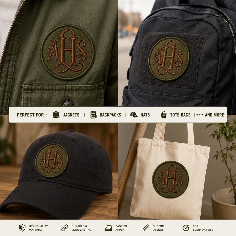 May include: A circular olive green patch featuring the embroidered brown monogram letters AHS in a decorative script font. The patch is shown applied to an olive green jacket, a black backpack, a black baseball cap, and a cream canvas tote bag.
