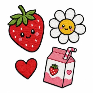 May include: A set of four embroidered patches featuring a red strawberry with a green stem and a smiling face, a white daisy with a yellow centre and a smiling face, a solid red heart, and a pink milk carton with a strawberry and a striped straw.