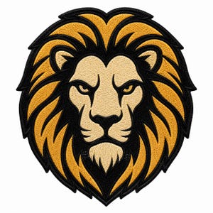 May include: An embroidered patch featuring the head of a lion with a thick mane. The lion has a tan face with black outlines and a golden yellow mane with black accents. The entire design is bordered by a thick black stitched edge.