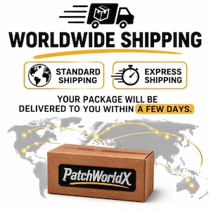 May include: A rectangular brown cardboard box featuring a black rectangular patch with the white embroidered text PatchWorldX and a yellow underline. The background displays a world map with glowing yellow lines and shipping icons.