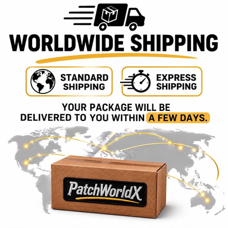 May include: A rectangular brown cardboard box featuring a black rectangular patch with the white embroidered text PatchWorldX and a yellow underline. The background displays a world map with glowing yellow lines and shipping icons.