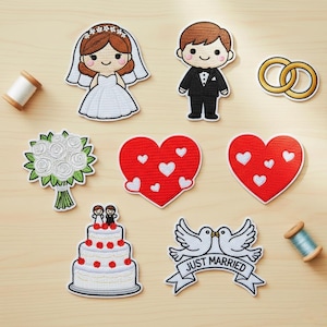 May include: A collection of embroidered patches with a wedding theme. Includes a bride, groom, wedding rings, hearts, a bouquet of white roses, a tiered cake, and a banner with the text "Just Married".