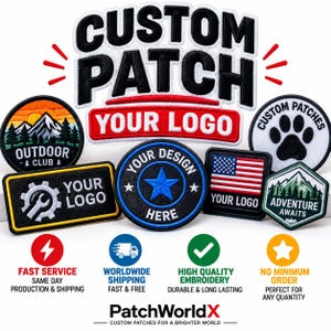 May include: A collection of embroidered patches in various shapes and colours, including circular, rectangular, and hexagonal designs. The patches feature text such as CUSTOM PATCH, YOUR LOGO, OUTDOOR CLUB, YOUR DESIGN HERE, and ADVENTURE AWAITS.