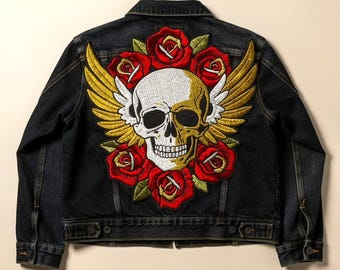 Large Skull Wings Roses Embroidered Patch – Gothic Biker Jacket Applique