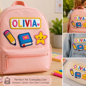 Puede incluir: Una mochila de color rosa claro con un parche rectangular que muestra el nombre OLIVIA en letras coloridas, junto a parches bordados de un lápiz amarillo, un libro azul y una estrella amarilla con cara sonriente, además de parches a juego en una chaqueta.