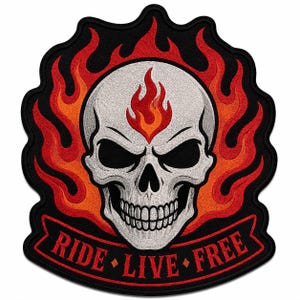 Großer Totenkopf-Flammen-Biker-Rückenaufnäher – Motorradjacken-Clubaufnäher
