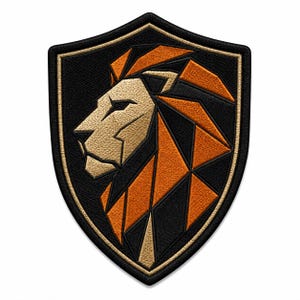 May include: A shield-shaped embroidered patch featuring a geometric lion head in profile. The design uses black, metallic gold, and vibrant orange thread to create a faceted, angular appearance within a thick black border with gold trim.