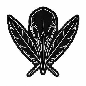 May include: A black embroidered patch featuring a white line art design of a bird skull centered between two crossed feathers. The patch has a solid black background with a thick black border, creating a high-contrast graphic illustration.