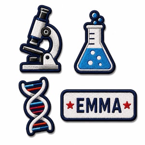 May include: Four embroidered patches featuring a white and navy microscope, a conical flask with blue liquid and bubbles, a double helix DNA strand with red and blue rungs, and a rectangular white patch with the name EMMA and two red stars.