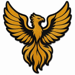 May include: An embroidered patch featuring a stylised phoenix with wings spread wide. The design uses vibrant gold thread for the feathers and body, contrasted against a deep black background and black border outlining the entire bird shape.