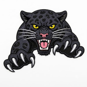 Roaring Panther Patch, Fierce Black Cat Embroidered Iron On Sew On For Jackets Backpacks