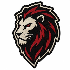 May include: An embroidered patch featuring a stylized lion head in profile. The design uses a color palette of black, deep red, and off-white, with sharp, angular lines defining the mane and facial features, finished with a thick black border.