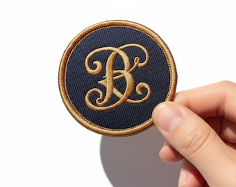 Elegant guldbroderad lapp - Marinblå rund monogram strykbar