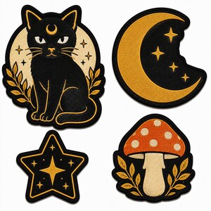 May include: A set of four embroidered patches featuring a black cat with a crescent moon on its forehead, a golden crescent moon with stars, a golden four-pointed star, and an orange mushroom with white spots, all outlined in black thread.