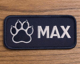 Custom Embroidered Dog Name Patch – Paw Print Harness Vest Tag (Iron On/Sew On)