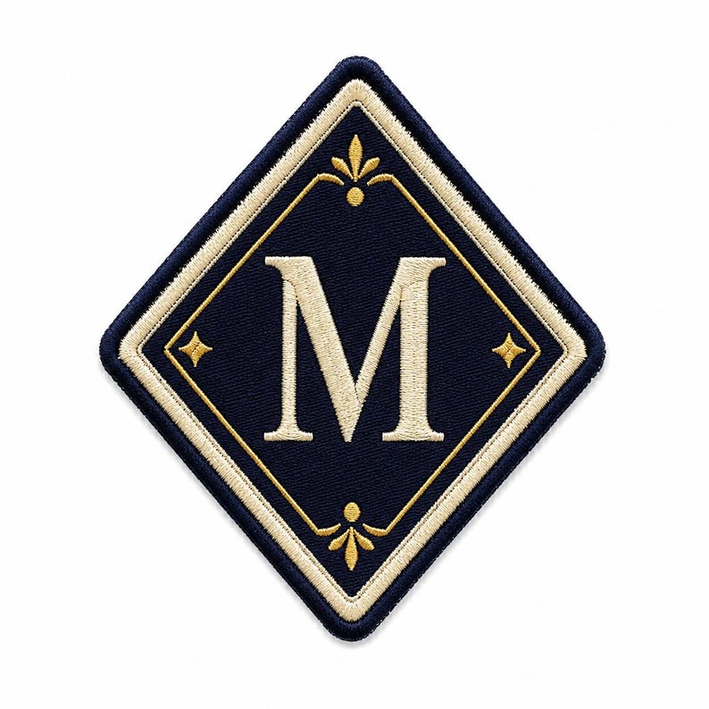 May include: A diamond-shaped embroidered patch featuring a dark navy blue background with a large, centred cream-coloured letter M. The design includes a cream border, gold-coloured decorative flourishes at the top and bottom, and small gold stars.