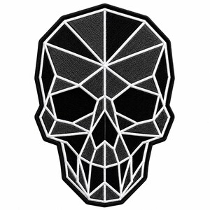 May include: A black and white patch featuring a skull design composed of geometric shapes. The skull is outlined and segmented by thick white lines against a textured black background, creating a faceted, angular appearance with a clear border.