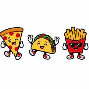 May include: A cartoon illustration of three anthropomorphic food items: a pizza slice winking, a taco with arms raised in a peace sign, and a container of french fries wearing sunglasses. Each character has black limbs and red and white trainers.
