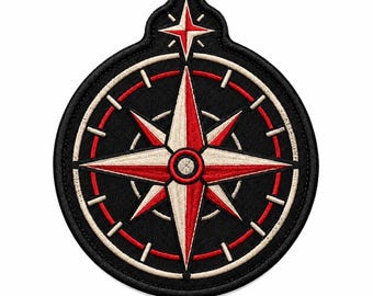 Compass Rose Embroidered Patch, Black Red Adventure Badge, Outdoor Travel Patch, Christmas Gift for Men and Women