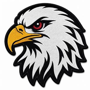 May include: An embroidered patch featuring the head of a bald eagle in profile. The eagle has white feathers, a sharp yellow beak, and a piercing red eye. The design is outlined with a thick black border, creating a bold and high-contrast graphic.