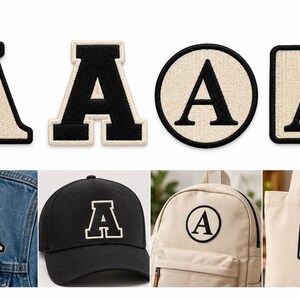May include: A collection of embroidered letter A patches in various shapes including block, circular, and square designs with black and cream color schemes. These patches are shown applied to a denim jacket, a black baseball cap, a backpack, and a tote bag.