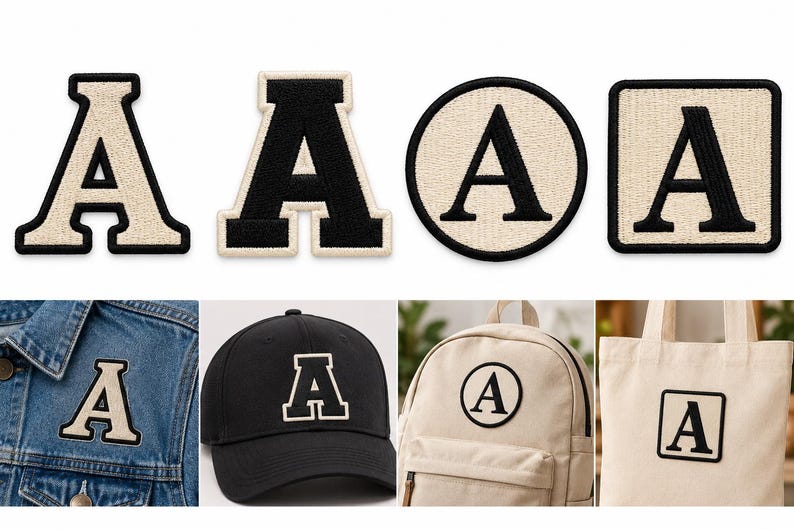 May include: A collection of embroidered letter A patches in various shapes including block, circular, and square designs with black and cream color schemes. These patches are shown applied to a denim jacket, a black baseball cap, a backpack, and a tote bag.