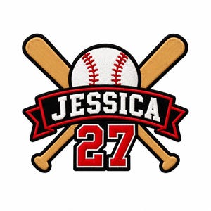 May include: An embroidered patch featuring two crossed tan baseball bats behind a white baseball with red stitching. A black banner with a red border displays the name JESSICA in white letters, with the red number 27 positioned below the banner.