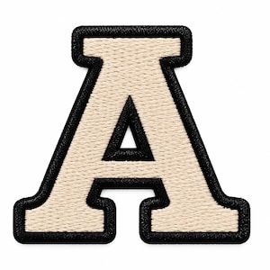 May include: A varsity-style letter A patch featuring a cream-coloured centre with a thick, black embroidered border. The letter has a classic block font design with a textured, stitched finish throughout the entire surface of the patch.