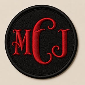 Individuell gestalteter rot-schwarzer Monogramm-Aufnäher, runder, gestickter Initialen-Aufnäher, personalisiertes Geschenk für Mädchen und Männer, Weihnachtsgeschenk