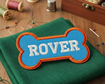 Custom Embroidered Dog Name Patch: Bone Shape, Iron On Pet Tag
