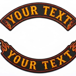 Custom Text Rocker Patch Embroidered Iron On Flame Border Curved Name Patch for Biker Vest