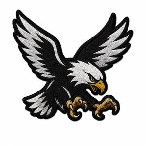 May include: An embroidered patch featuring a bald eagle in flight with wings spread wide. The eagle has black feathers, a white head and tail, a yellow beak, and yellow talons with sharp white claws, all outlined in a thick black border.