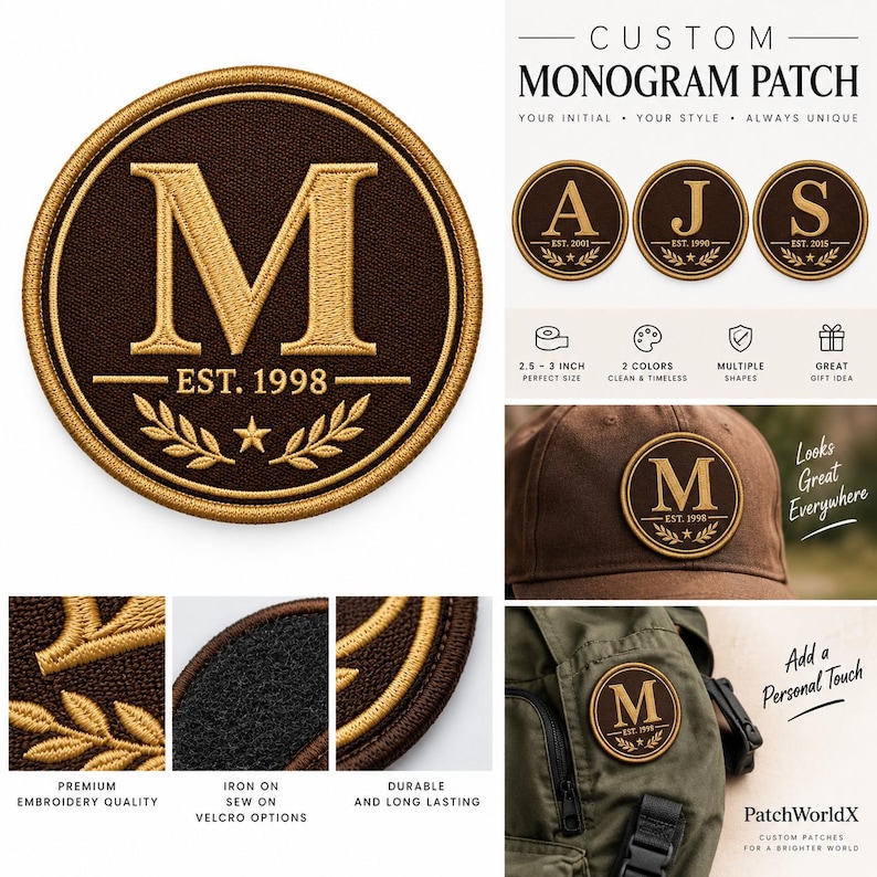Op de afbeelding: Een ronde, gepersonaliseerde monogrampatch met een donkerbruine achtergrond, gouden borduursel en een centrale letter M. Het ontwerp bevat de tekst EST. 1998, een kleine ster en lauriertakken. De patch heeft een gouden rand en is afgebeeld op een bruine baseballpet en een groene rugzak.