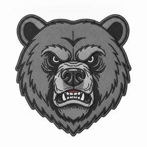 May include: An embroidered patch featuring the head of a grizzly bear in shades of grey, black, and white. The bear has a fierce expression with bared teeth, a dark nose, and detailed fur texture, all outlined with a thick black border.
