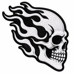 May include: An embroidered patch featuring a profile view of a human skull with white flames trailing behind it. The design uses high-contrast black and white thread, with a thick black border outlining the entire shape of the skull and fire.