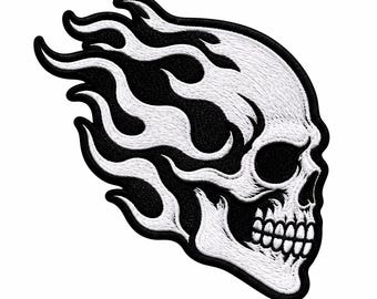 Flaming Skull Patch, Black White Biker Patch, Motorcycle Jacket Patch, Christmas Gift