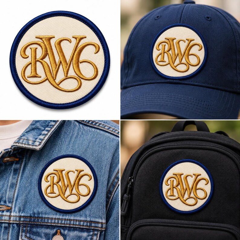 May include: A circular embroidered patch featuring the gold-stitched letters RWC on a cream-coloured background with a dark blue border. The patch is shown applied to a navy blue baseball cap, a blue denim jacket, and a black fabric backpack.