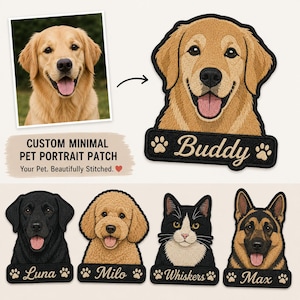 Op de afbeelding: Gepersonaliseerde geborduurde huisdierportretpatches met diverse honden- en kattenrassen en namen zoals Buddy, Luna, Milo, Whiskers en Max op zwarte rechthoekige naamplaatjes. Elke patch toont een gedetailleerd dierengezicht met pootafdrukken.
