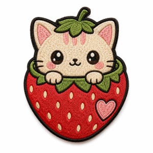 May include: An embroidered patch featuring a cream-coloured cat with pink ears and cheeks peeking out from a red strawberry with green leaves and a small pink heart. The design is outlined in black thread with a stem at the top of the cat's head.