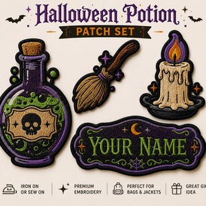 Peut inclure: Un ensemble de quatre écussons brodés avec le texte Halloween Potion Patch Set et Your Name. Les écussons comprennent une bouteille de potion violette avec un liquide vert et une étiquette tête de mort, un balai marron, une bougie et une bannière.
