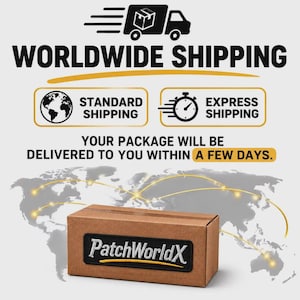 Może przedstawiać: Brązowe kartonowe pudełko z czarną prostokątną naszywką z białym napisem PatchWorldX i ż&oacute;łtym podkreśleniem. Tło przedstawia mapę świata z jarzącymi się liniami połączeń oraz tekst dotyczący opcji wysyłki.